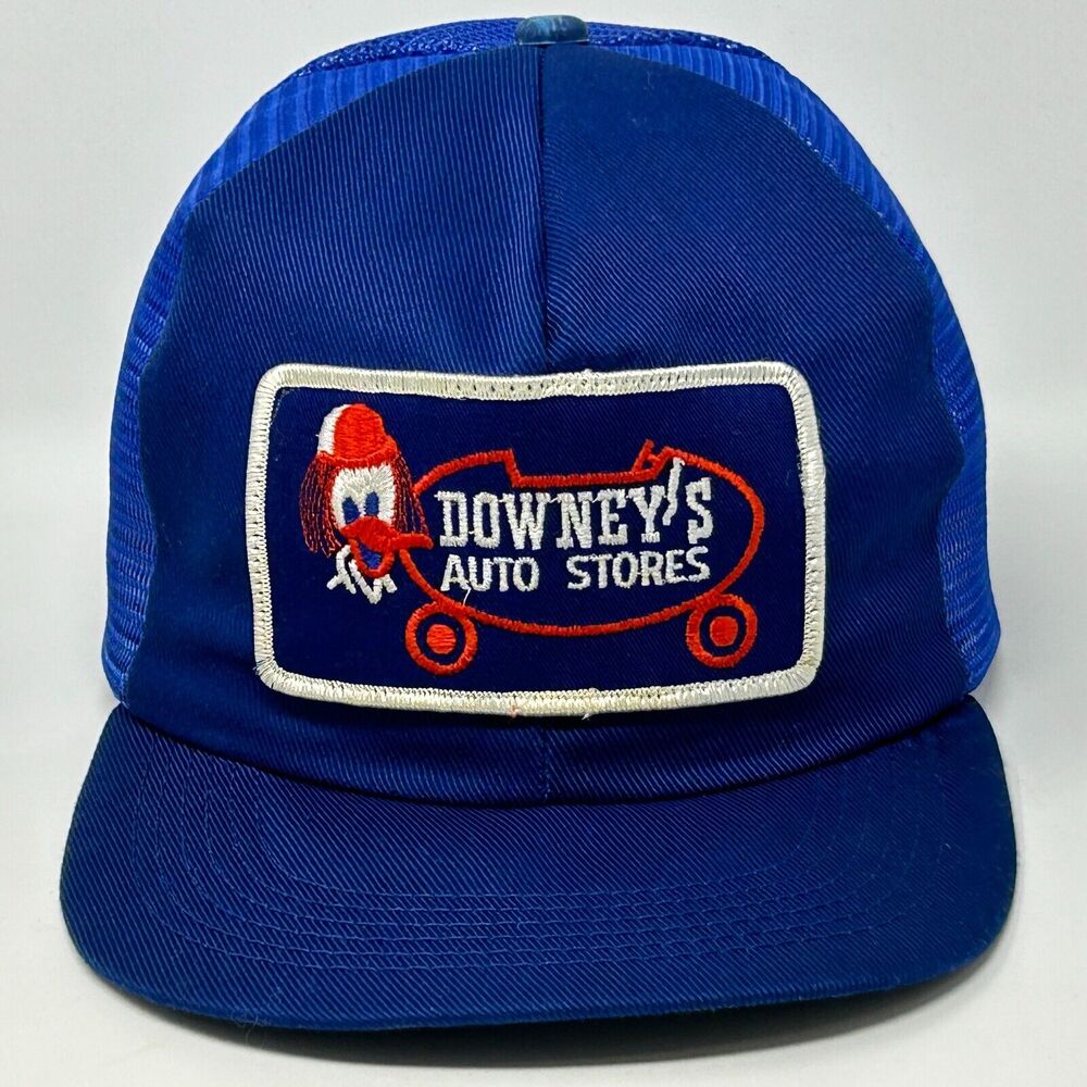 Vintage 80s Downeys Auto Stores Trucker Hat Baseball Cap Blue USA Made Snapback